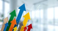 Colorful arrows pointing upward representing business growth, success, progress and achievement in modern office environment for presentations.
