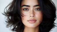 Young Asian woman with freckles and natural makeup looking at camera against light background, dark wavy hair frames face in soft portrait lighting.