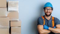 Confident male warehouse worker in protective helmet and glasses standing near stacked boxes, wearing orange overalls and blue gloves, expressing positive attitude.