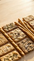 Assorted whole grain crackers and breadsticks arranged on light wooden surface, showcasing variety of seeds and textures for bakery, food packaging, nutrition, and culinary content.