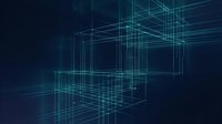 Glowing cyan wireframe geometric structures intersect across dark blue space, creating layered digital architecture for technology, innovation, and data visualization concepts.
