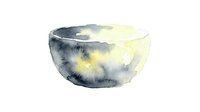 Watercolor painted ceramic bowl with organic blue and yellow stains on white background, isolated design element suitable for home decor, kitchenware, and interior design projects.
