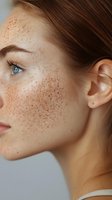 Close-up profile of young woman with auburn hair, blue eyes and natural freckles on fair skin, showcasing minimal makeup look.