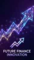 Futuristic neon growth arrow with geometric wireframe design on purple gradient background representing financial innovation and digital transformation.