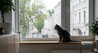 Tabby cat sitting on windowsill looking outside at urban street view with buildings and trees, cozy indoor home atmosphere with natural light and plants.