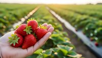 Fresh ripe strawberries held in cupped hands at organic farm with rows of strawberry plants stretching into distance during golden hour harvest time.