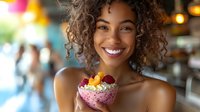 Young African American woman with curly hair smiling while holding colorful smoothie bowl topped with fresh fruits at cafe. Natural lighting creates warm atmosphere.