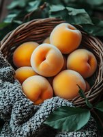 Fresh ripe peaches in woven basket with green leaves and gray fabric, ideal for food styling, recipe blogs, farmers market promotions and culinary content.