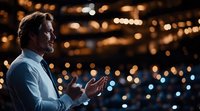 Caucasian businessman in blue shirt speaking at conference with blurred bokeh lights background, side view profile of male executive presenter gesturing.