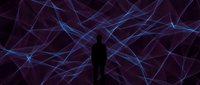 Silhouette of a person standing before an abstract network of glowing blue and purple lines on dark background, representing digital connection, technology, and data visualization for web and tech concepts.