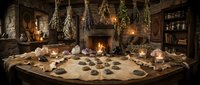 Medieval apothecary workshop with dried herbs hanging from ceiling, wooden table with glass bottles, mortar and pestle in candlelit stone room for historical themes.