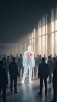 Glowing white figure with red heart stands out among crowd of dark silhouettes in modern interior with dramatic window lighting for leadership concepts.