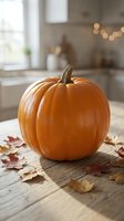 Orange pumpkin on wooden table with autumn leaves in cozy kitchen interior with warm bokeh lights for seasonal home decor and fall harvest celebration.