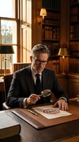 Middle-aged Caucasian male professional in formal business attire examining document with magnifying glass at wooden desk in traditional library office setting with bookshelves.