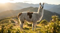 Llama standing in mountain meadow at golden hour with wildflowers and distant peaks, suitable for travel, nature, and wildlife content.