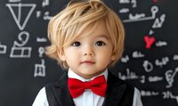 Young Asian toddler in formal black vest and red bow tie stands against chalkboard with mathematical formulas, showcasing early education and academic potential.