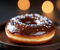Chocolate glazed donut with blue and white sprinkles on dark plate, soft bokeh lights in background. Close up view shows rich texture and sweet details.