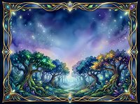 Enchanted forest landscape with ancient trees, glowing pathway, and starry night sky framed by ornate golden border, suitable for fantasy artwork, book illustrations, and mystical designs.