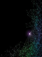 Abstract digital network with glowing nodes and connecting lines on black background for technology presentations and futuristic design projects.