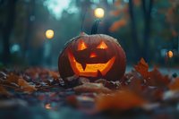 Glowing carved pumpkin with classic jack o'lantern face sits among fallen autumn leaves at dusk, illuminated by warm bokeh lights in misty forest setting.