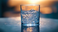 Clear glass with swirling blue liquid creating dynamic motion splash effect against warm bokeh background. Refreshing beverage photography with dramatic lighting and water movement.