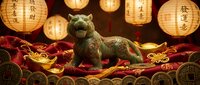 Jade lion statue surrounded by golden coins and traditional paper lanterns with characters, symbolizing wealth, prosperity and good fortune in oriental culture.