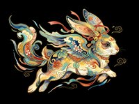 Colorful ornate rabbit in traditional Asian art style, isolated on transparent background, ready for t-shirt design, stickers, clipart, and print on demand use.