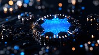 Glowing blue digital splash with ripple effect on dark surface surrounded by colorful bokeh lights creates futuristic technology visualization background.