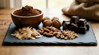 Cocoa powder in wooden bowl with dark chocolate pieces, walnuts and almonds on slate board for baking and confectionery preparation.