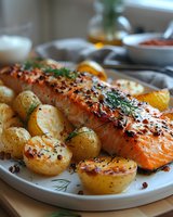 Grilled salmon fillet with roasted baby potatoes, fresh dill, and black sesame seeds served on white ceramic plate, close-up view of gourmet dinner preparation.