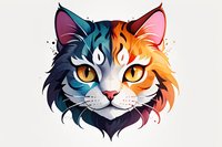 Artistic cat face split in contrasting blue and orange colors with expressive eyes and detailed fur rendering on white background, suitable for logo design and prints.
