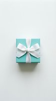 Turquoise gift box with white satin ribbon bow on clean white background for holidays, birthdays, celebrations and special occasions.