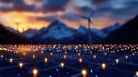 Glowing lanterns floating on tranquil lake surface reflect in water against dramatic mountain sunset sky with scattered stars, creating magical atmosphere.
