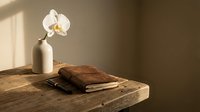 White orchid flower in ceramic vase on rustic wooden table with brown towels and natural sunlight creating warm shadows on neutral wall background.