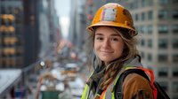 Young female construction worker in safety helmet and high visibility vest smiling confidently on urban construction site with city buildings and traffic in background.