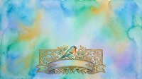 Watercolor background with ornate gold banner and bird, suitable for greeting cards, invitations, and decorative design projects.