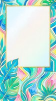 Watercolor tropical leaves frame with gold border and blank center space, pastel tones, monstera foliage, summer botanical art for social media.