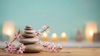 Zen spa stones balanced with cherry blossom branch and candles creating peaceful meditation atmosphere for wellness and relaxation therapy.