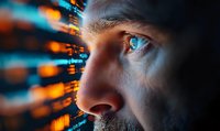 Close up of male face with blue eyes looking at glowing digital data display with orange and blue light reflections creating futuristic cybersecurity atmosphere.