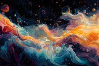 Vibrant cosmic nebula with swirling orange and turquoise clouds against dark space background, featuring ethereal fluid patterns and luminous celestial spheres.