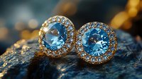Elegant blue topaz stud earrings with diamond halo setting in rose gold, luxury jewelry on textured stone surface with warm bokeh lighting effects.