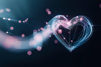 Glowing neon heart shape with pink and blue light trails against dark background, surrounded by soft bokeh circles creating romantic atmosphere.