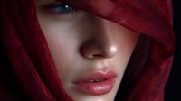 Sensual close up portrait of young Asian woman with red silk veil partially covering face, highlighting full lips and dramatic lighting for beauty and fashion photography.