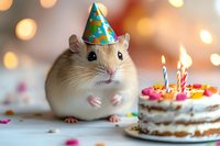 Adorable gerbil wearing party hat sits next to birthday cake with lit candles against blurred bokeh background, creating festive celebration atmosphere for pets and animals.