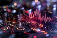 Financial data visualization with stacked coins and glowing red market graph on digital circuit board background for investment analysis.