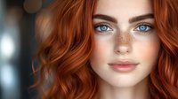 Young woman with natural freckles, bright blue eyes and flowing red hair smiling gently against blurred background. Soft beauty portrait showcasing natural features.