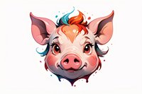 Cute cartoon pig face with vibrant orange and blue hair in artistic watercolor style. Perfect for children's books, merchandise design, and playful branding projects.