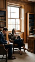 Two professionals in business attire conduct a meeting in a wood-paneled library office with built-in bookshelves, leather chairs, and natural light from large windows, suitable for corporate, legal, and business communications.