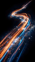 Dynamic swirling energy streams with glowing orange and blue light trails creating spiral motion against dark cosmic background with sparkling particles.