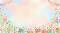 Pastel celebration background with balloons, bunting, confetti, and gift boxes arranged along bottom border, ideal for party invitations and greeting cards.